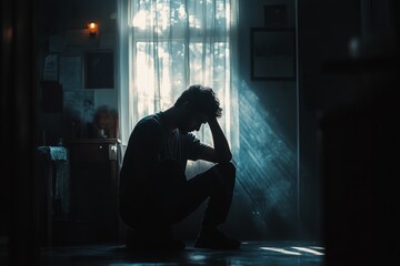 Sad young man crouching on the floor by the window in a dark room