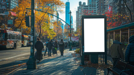 Generative AI. A modern billboard at a busy bus stop in the city. Template for billboard, billboard, advertising sign