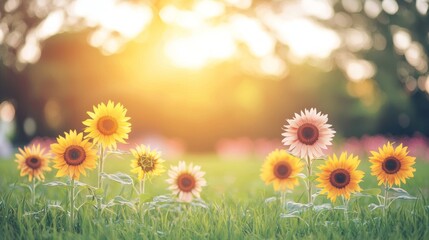 Obraz premium A vibrant field of sunflowers illuminated by the warm glow of sunset.
