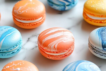 Obraz premium Vibrant and colorful macarons arranged on a marble surface, creating a visually appealing display of sweet treats