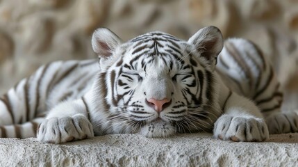 Fototapeta premium White tiger cub sleeping peacefully on stone.