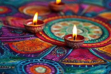 Colorful Rangoli Design with Traditional Diyas Illuminating a Vibrant Festival Scene, Creating a Warm and Inviting Atmosphere for Celebrations and Ceremonies