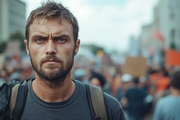 Obraz premium Serious protester staring during demonstration in city street