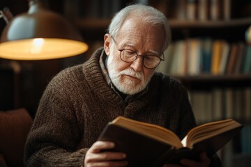 Focused senior professor reading an old book in a library, illuminated by the warm light of a lamp