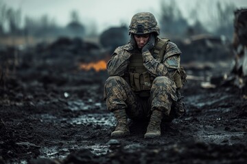Fototapeta premium American soldier sitting on the ground in a destroyed battlefield, suffering from post-traumatic stress disorder after a bloody battle