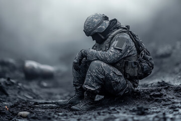 American soldier sitting on the ground of a battlefield, mourning the loss of his fellow comrades