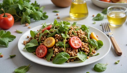 Lentil salad with spinach and cherry tomatoes, fresh and vibrant, served on a white plate with olive oil