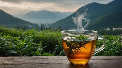 Savoring the soothing experience of herbal tea as I relax amidst the breathtaking beauty of lush mountains on a peaceful afternoon