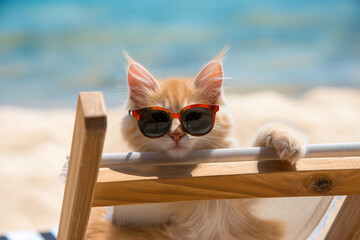 Cute cat wearing sunglasses relaxing on the beach enjoying the summer sun and holiday vacation
