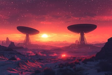 A radio telescope aimed at the sky, Stock.