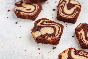 Homemade traditional marble pound cake.