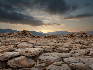 Sunset Desert Landscape  Rocky Mountains and Dramatic Sky