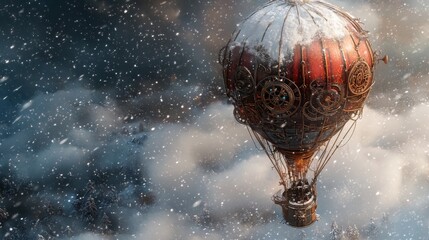 A steampunk-inspired hot air balloon, adorned with intricate gears and covered in snow, drifts through a cloudy, snow-filled sky, embodying the spirit of winter adventure and whimsy.. AI Generation