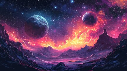 A space exploration concept featuring planets and a nebula background in pixel art style.