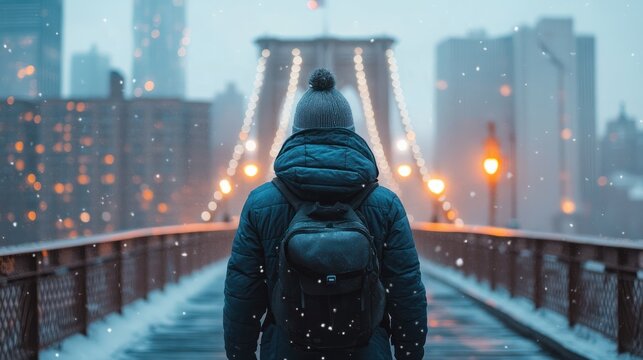 Back of cinematic young man in winter coat walking outside in urban city on bridge on a moody, foggy, winters night. - Powered by Adobe