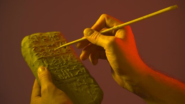 hands holding an Egyptian antiquity cuneiform clay tablet and writing ancient writings