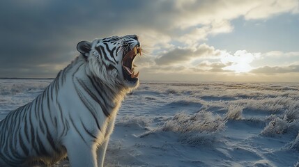 A ferocious white tiger roaring loudly in an empty snowy field with sharp icy winds
