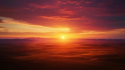 Fototapeta premium Crimson sunset over rolling hills, fiery sky.