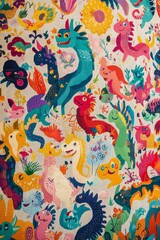 Fototapeta premium Colorful textile with whimsical creatures and flowers.