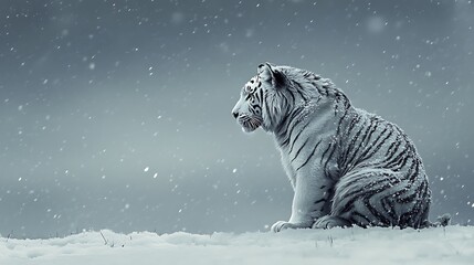 A powerful white tiger crouching in the snow under a gray sky with heavy snowflakes