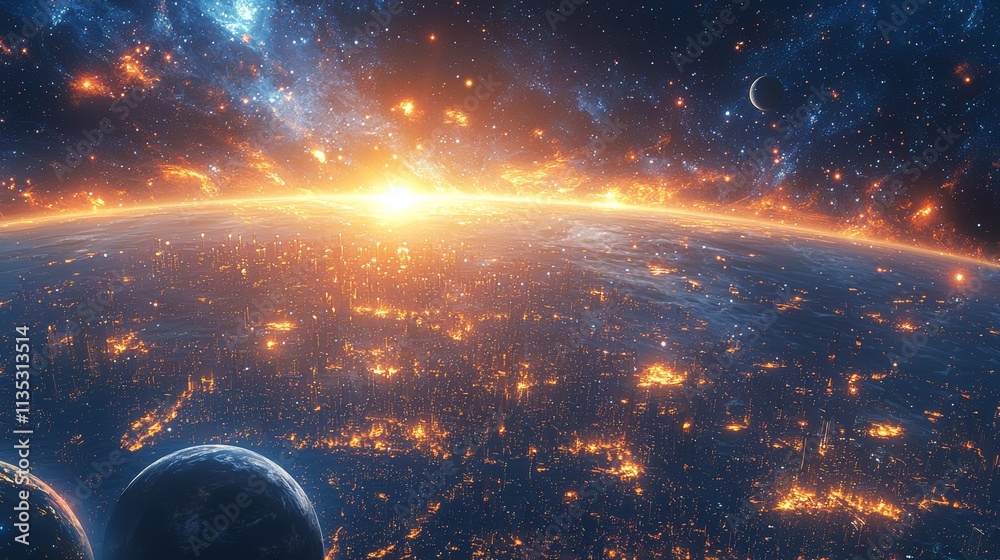 Canvas Prints a vibrant space scene featuring three planets and a star.
