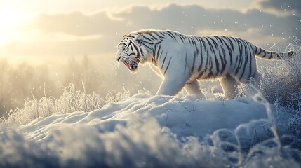 A white tiger roaring on a snowy hill surrounded by swirling icy winds and frost
