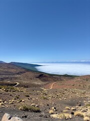 volcanic landscape in island view above clouds