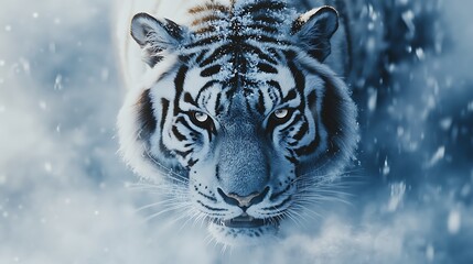 A ferocious white tiger staring menacingly through the snow with its breath visible in the cold air