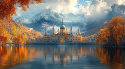 Fototapeta premium A serene lakeside view of a grand palace surrounded by autumn foliage and mountains.
