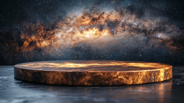 A sleek podium set against a galaxy-themed space scene symbolizes human progress, discovery, and our infinite capabilities. The immense universe underscores our curiosity and the drive to learn.