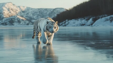 A powerful white tiger walking gracefully across a frozen lake surrounded by snow