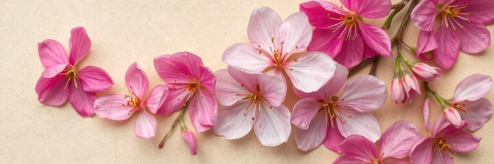 Delicate spring blossoms, vibrant hues, artfully arranged on textured paper backdrop, floral arrangement, macro