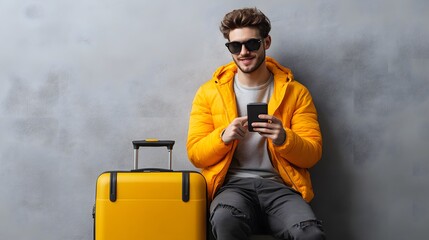 Stylish Man Using Phone Near Yellow Luggage
