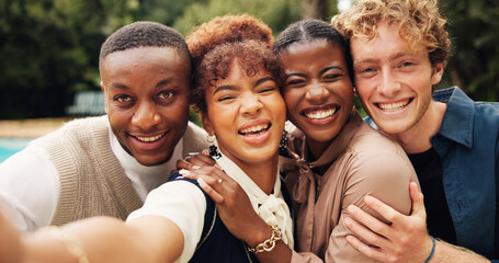 Happy people, portrait and selfie with hug for memory, picture or photography together in nature. Excited, group or friends with smile, embrace or joy for capture moment, bonding or love in backyard
