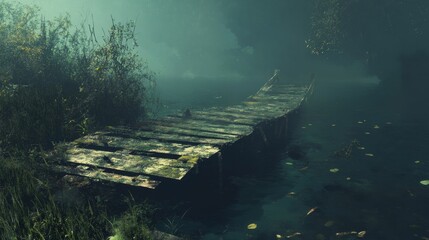 Overgrown, mossy dock extends over murky water.