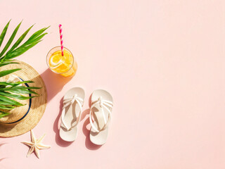 Flat lay of beach essentials, including flip-flops, a sun hat, a starfish, and a tropical drink with an orange slice on a soft pink background. Generative AI
