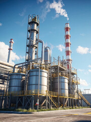 Fototapeta premium Photorealistic industrial scene featuring large metallic storage tanks with yellow safety railings, under a bright blue sky. Generative AI
