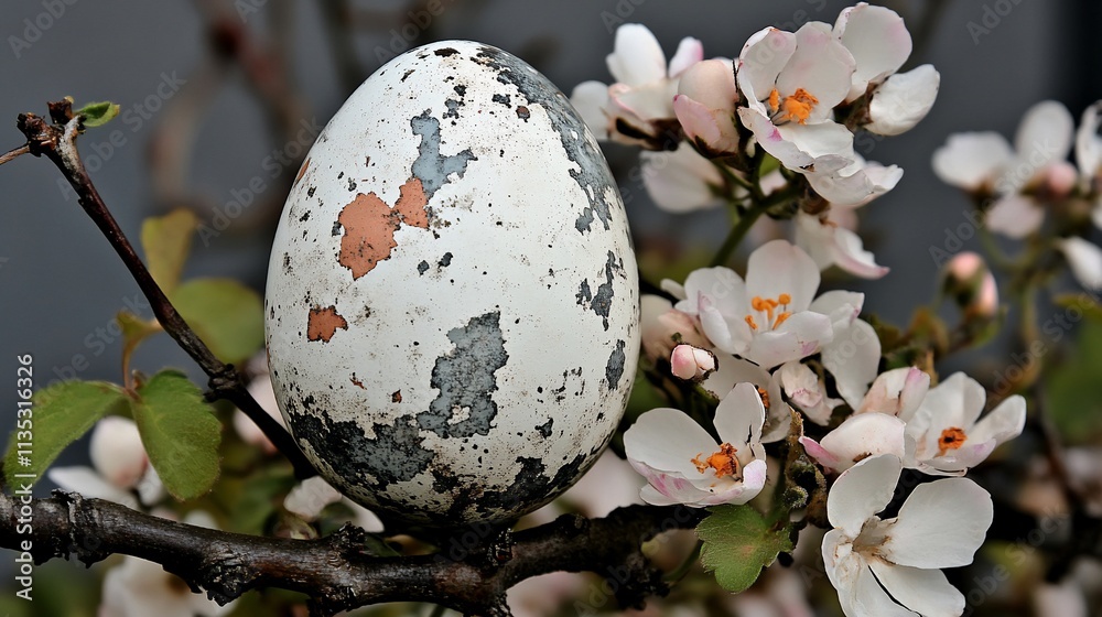 Canvas Prints Cracked egg sits among spring blossoms on a branch.