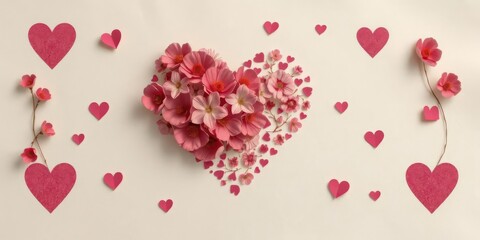 Fototapeta premium Delicate floral heart pattern on textured paper background, blossom, cute