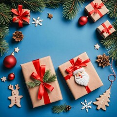   "Frohe Weihnachten Urlaub Winter Gru&szlig;karte mit deut&hellip;n und Geschenken, isoliert auf blauem Hintergrund",