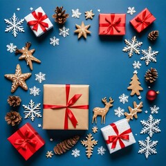   "Frohe Weihnachten Urlaub Winter Gru&szlig;karte mit deut&hellip;n und Geschenken, isoliert auf blauem Hintergrund",