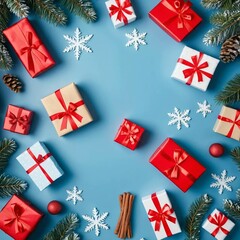   "Frohe Weihnachten Urlaub Winter Gru&szlig;karte mit deut&hellip;n und Geschenken, isoliert auf blauem Hintergrund",