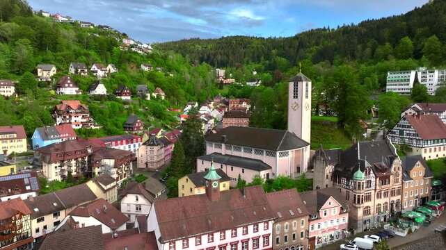 Triberg, Baden-Wuerttemberg, Germany. Aerial Drone Footage of a Cute German Village in Schwarzwald at Summer Day.