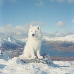 Naklejka premium A white Samoyed dog sits on a rock in a snowy landscape with mountains.