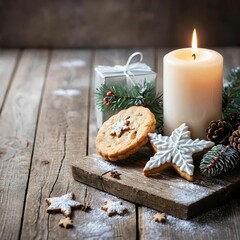 'White Christmas candle on rustic wooden boards - Decorations and cookies - Advent background with copy space',