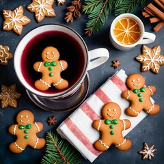   'Christmas background with hot wine punch, cookies and smiling gingerbread man :)'
