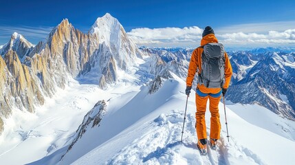 A climber stands on a snowy peak, surrounded by majestic mountains under a clear blue sky.