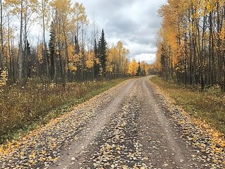 Obraz premium A winding dirt road surrounded by autumn foliage and overcast skies.