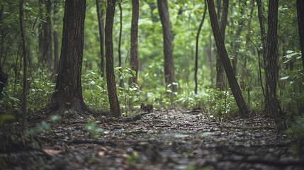 Muddy forest floor with overgrown vegetation and gnarled tree trunks, forest, overgrowth. Overgrowth. Illustration