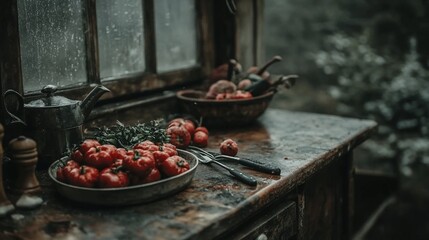 Rustic kitchen still life with tomatoes, herbs, and vegetables on a weathered wooden table near a rain-streaked window.